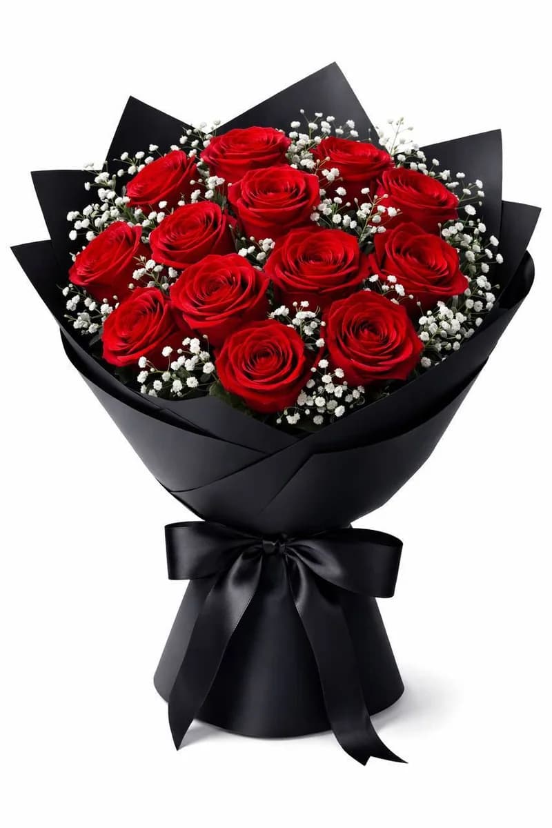 Dozen red roses with black wrapping and ribbon by Bana Florist Toronto