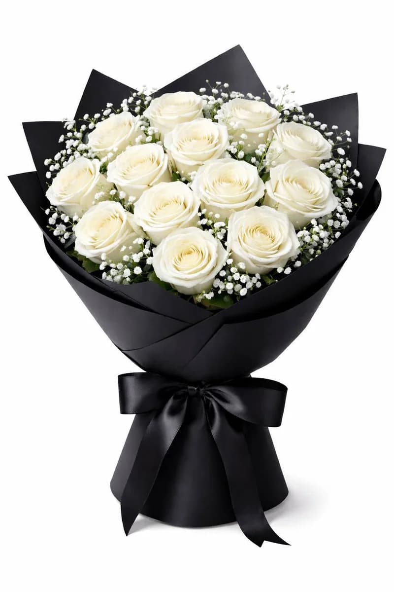 Dozen white roses with black wrapping and ribbon by Bana Florist Toronto