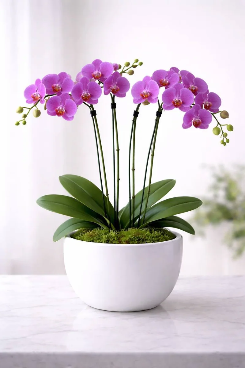 Royal four purple phalaenopsis orchids in white dish with moss by Bana Florist Toronto
