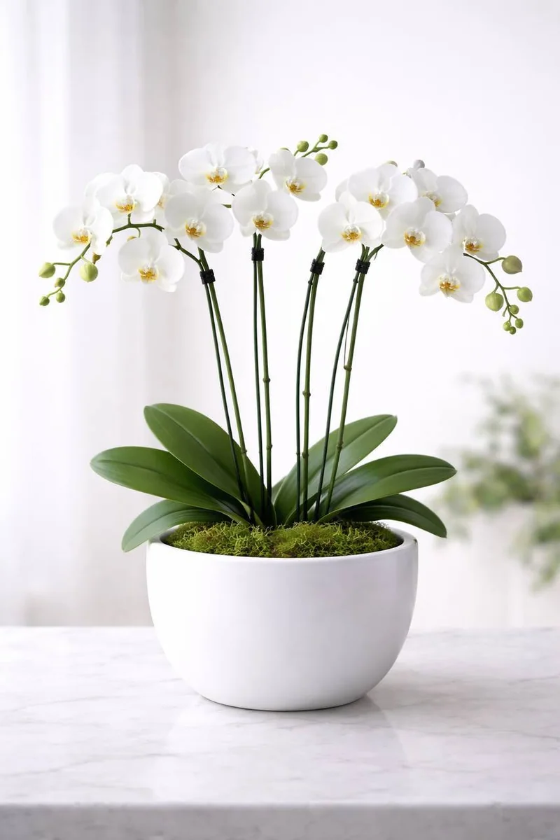 Royal four white phalaenopsis orchids in white dish with moss by Bana Florist Toronto