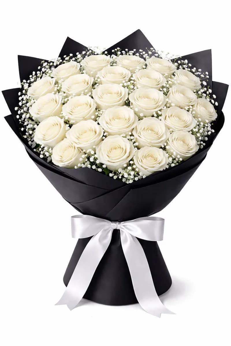 Two dozen white roses with black wrapping and white ribbon by Bana Florist Toronto