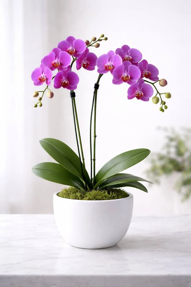 Royal double purple phalaenopsis orchid in white dish with moss by Bana Florist Toronto