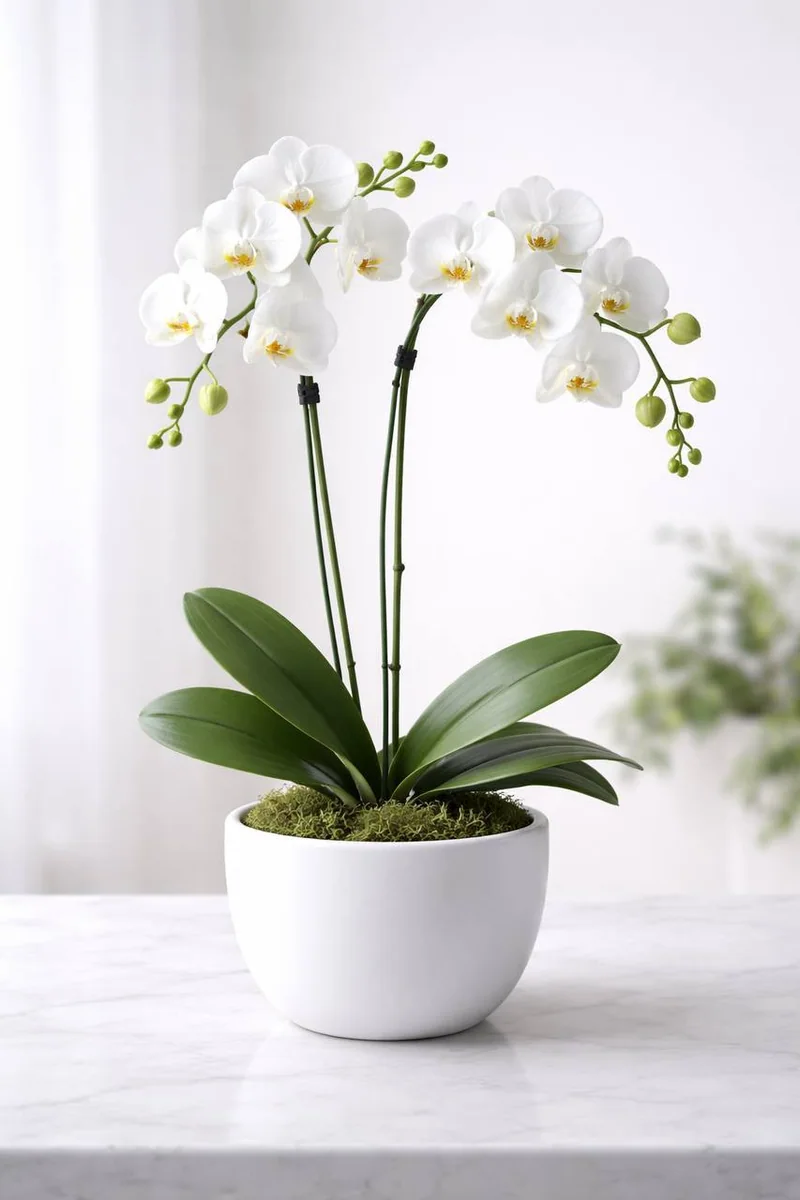Royal double white phalaenopsis orchid in white dish with moss by Bana Florist Toronto