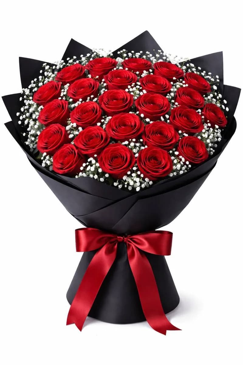 Two dozen red roses with black wrapping and red ribbon by Bana Florist Toronto